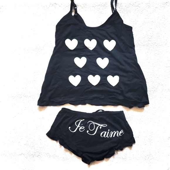 Black heart mini cami set I love you print Ja Taime - M - Picture 1 of 3